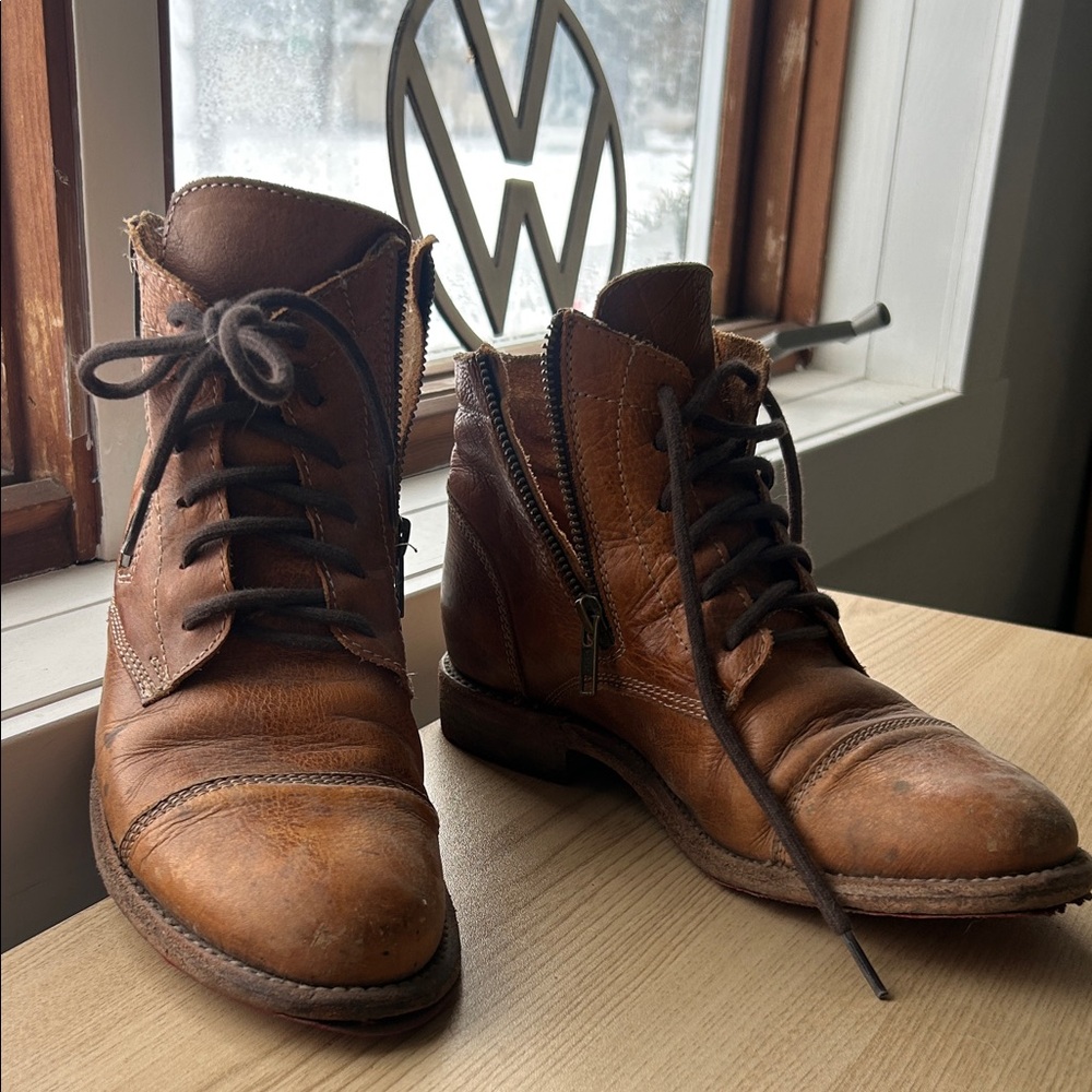 Bed Stu, distressed women’s brown leather ankle boots, red bottom